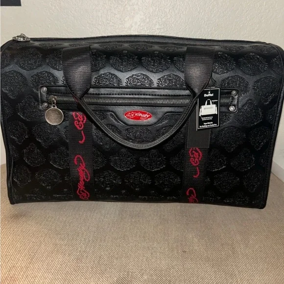NWT Ed Hardy Black Tiger Embossed Duffel Bag with Guitar Cross Body Straps - Picture 10 of 12